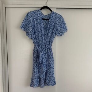 Blue Floral Wrap Dress with Ruffle Hem